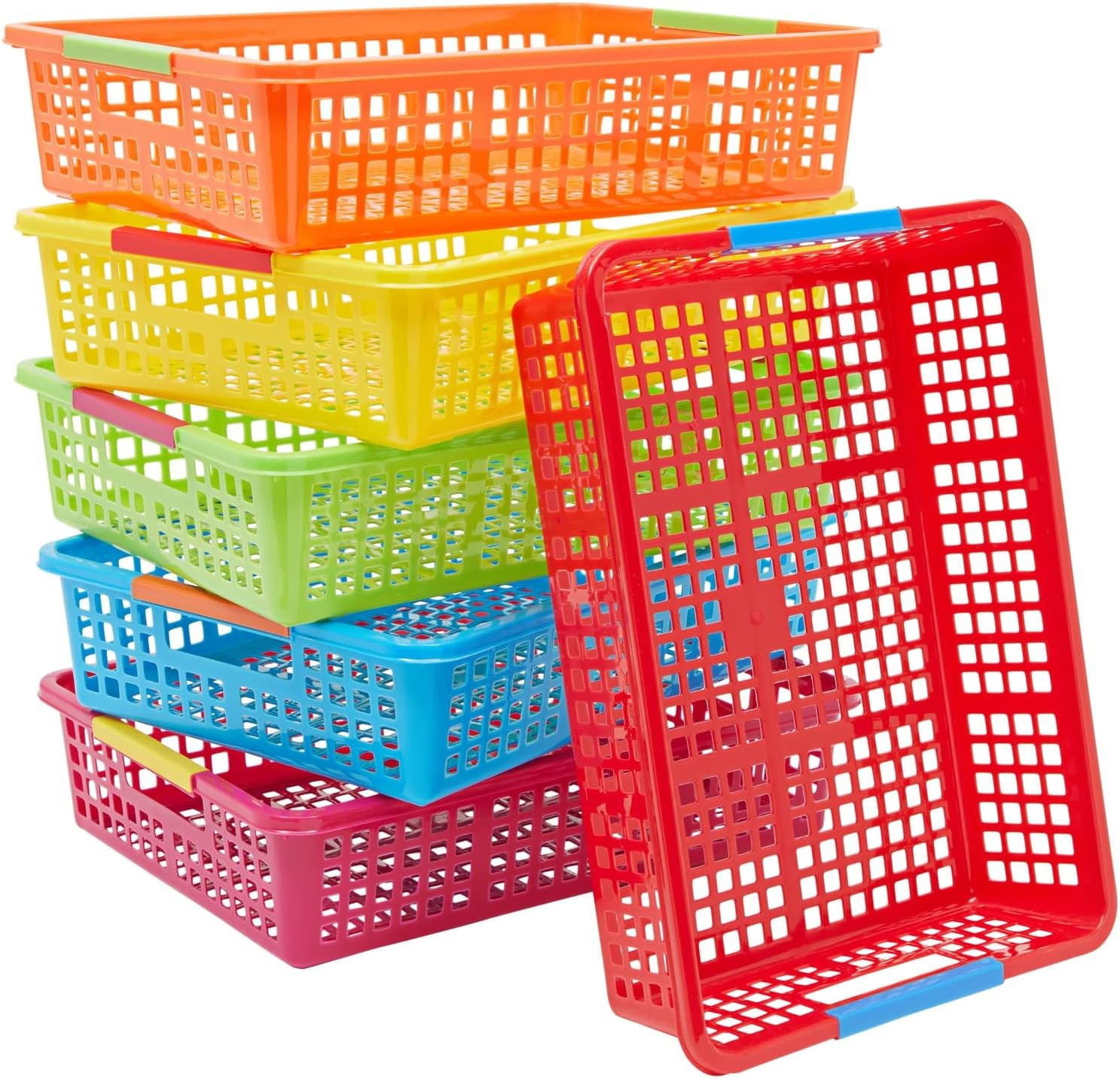 6 Pack Plastic Turn In Paper Trays for Classroom, Colorful Storage Bin Basket Or