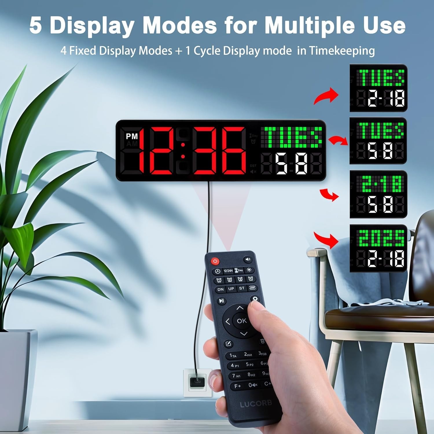 Gym Clock Timer, Workout Clock with Seconds | 5 Display Modes, 4 Alarms | Remote