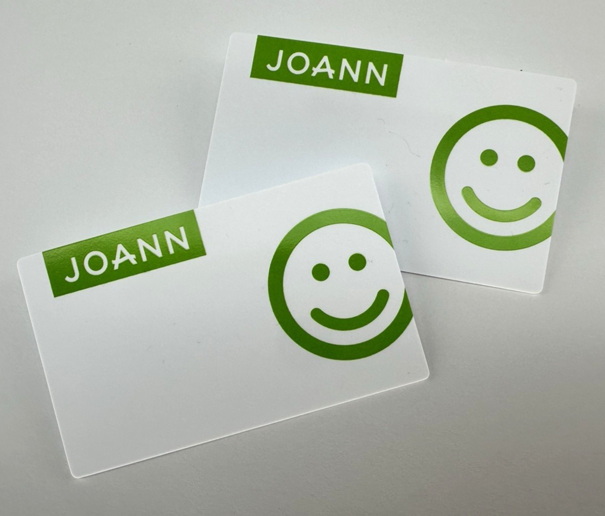 Joann Fabrics, Crafts Smiley Face Name Tag 2 Pack, Green & White W/ Pin Back NEW