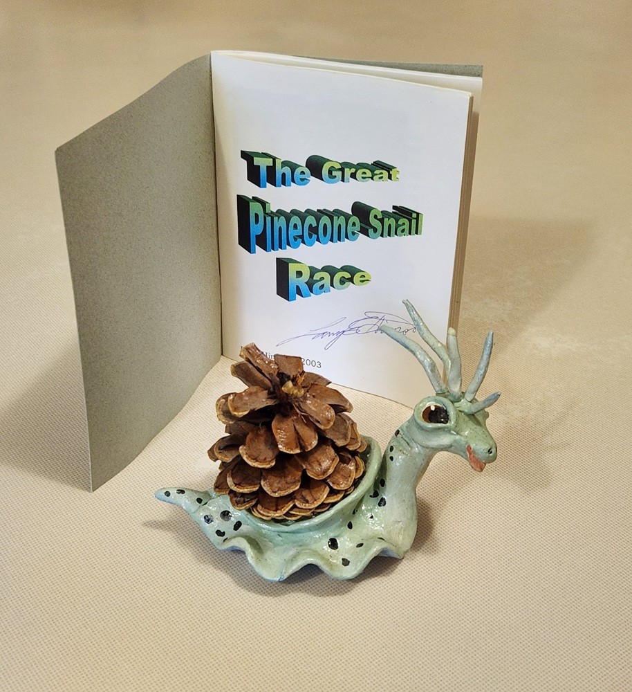 Larry Hinson Handmade Pinecone Snail Figurine and Story Booklet Great Snail Race