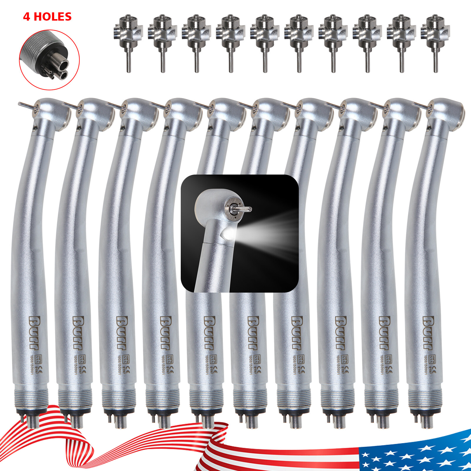 1-10 Dental LED E-generator Fiber Optic Handpiece 4Holes Air Turbine Rotor UDM