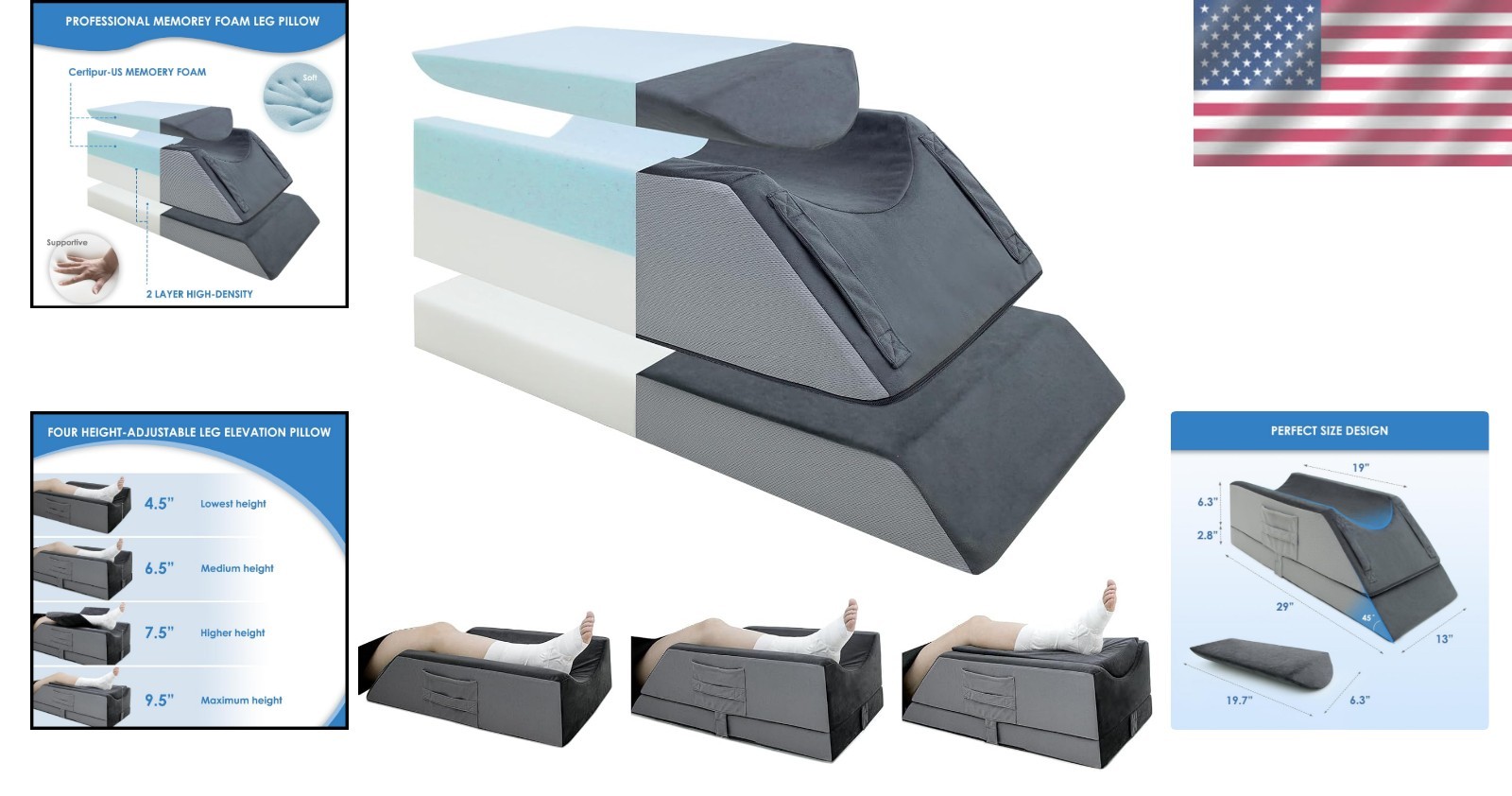 Adjustable Leg Elevation Pillow for Post-Surgery Recovery - 4 Heights, U-Shaped