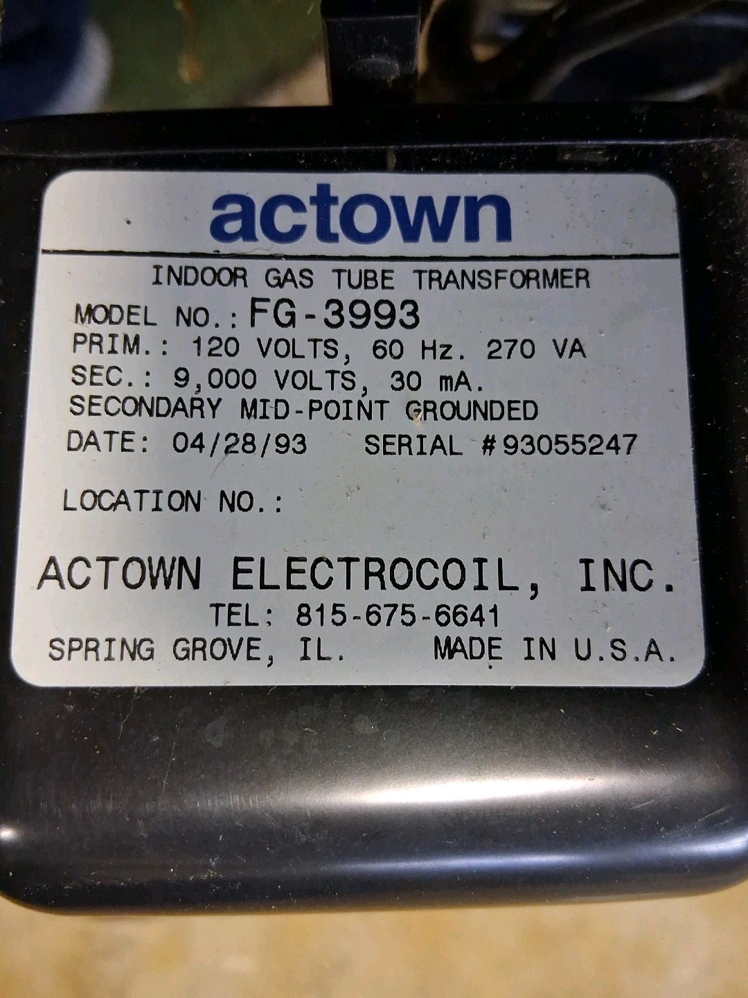 Actown FG-3993  Indoor Gas Tube Transformer neon light power supply vintage Used