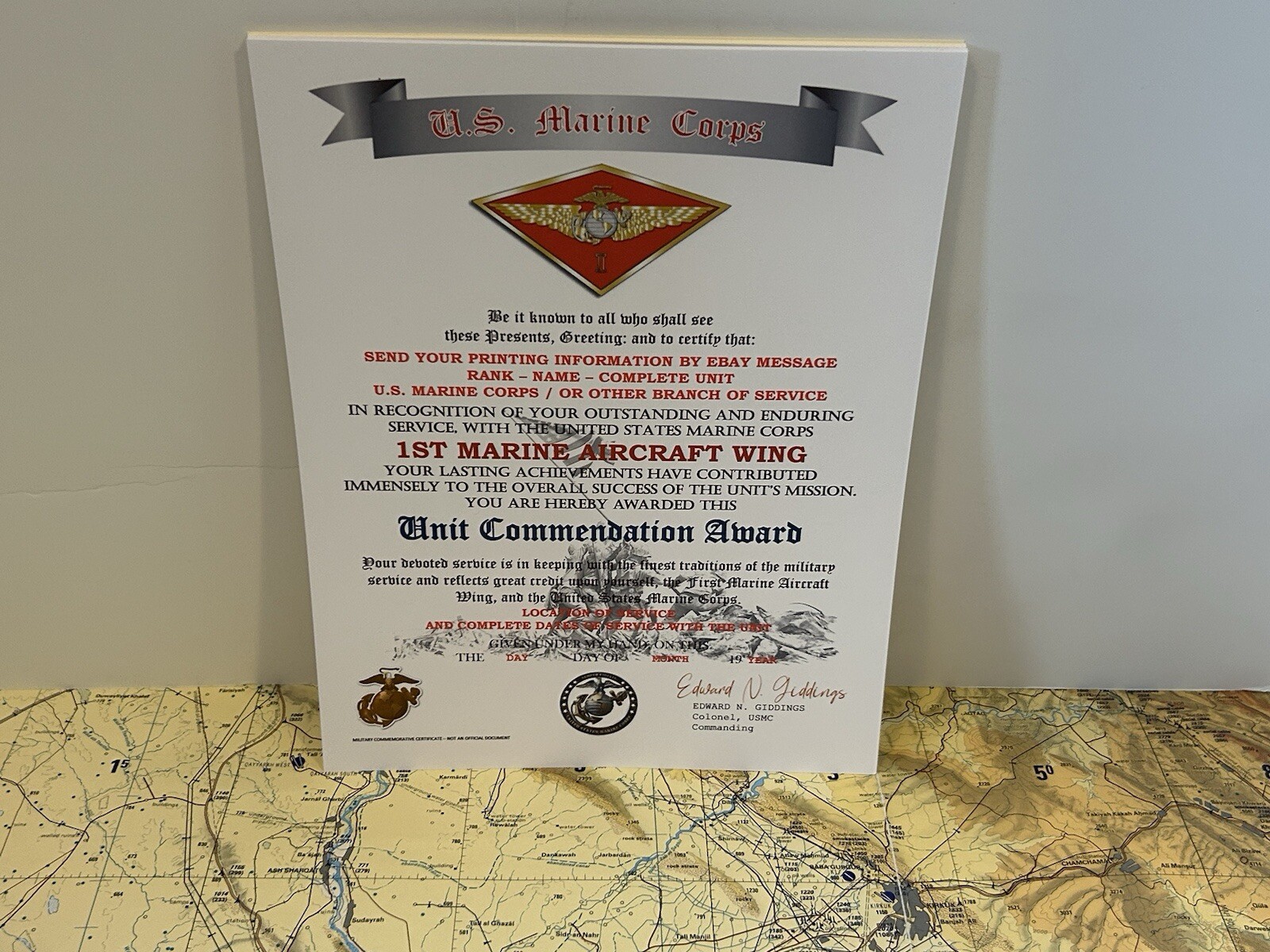 U.S.M.C. / 1ST MARINE AIRCRAFT WING - UNIT COMMENDATION AWARD CERTIFICATE