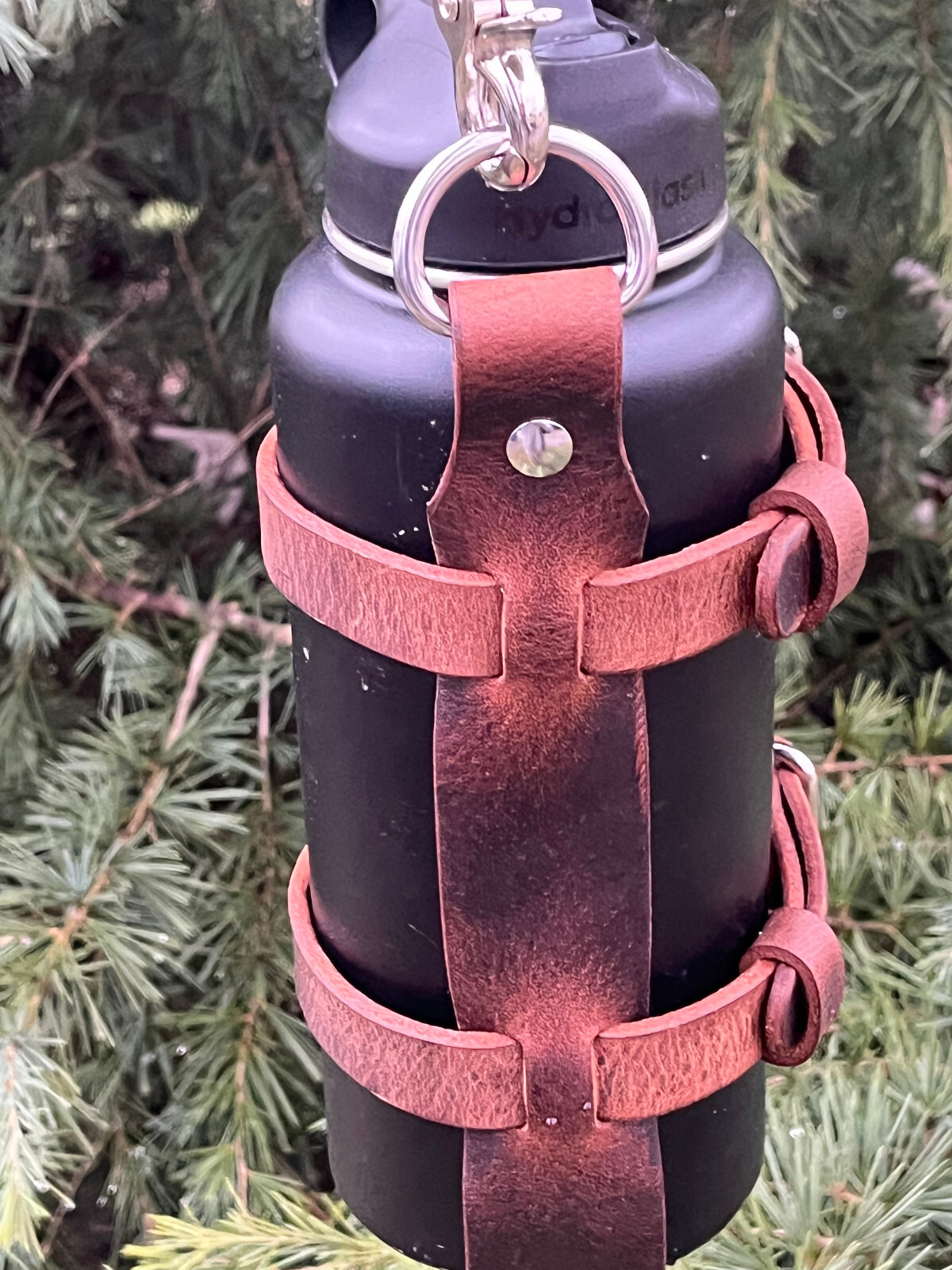 Water Buffalo leather water bottle holder, bottle carrier hand made adjustable