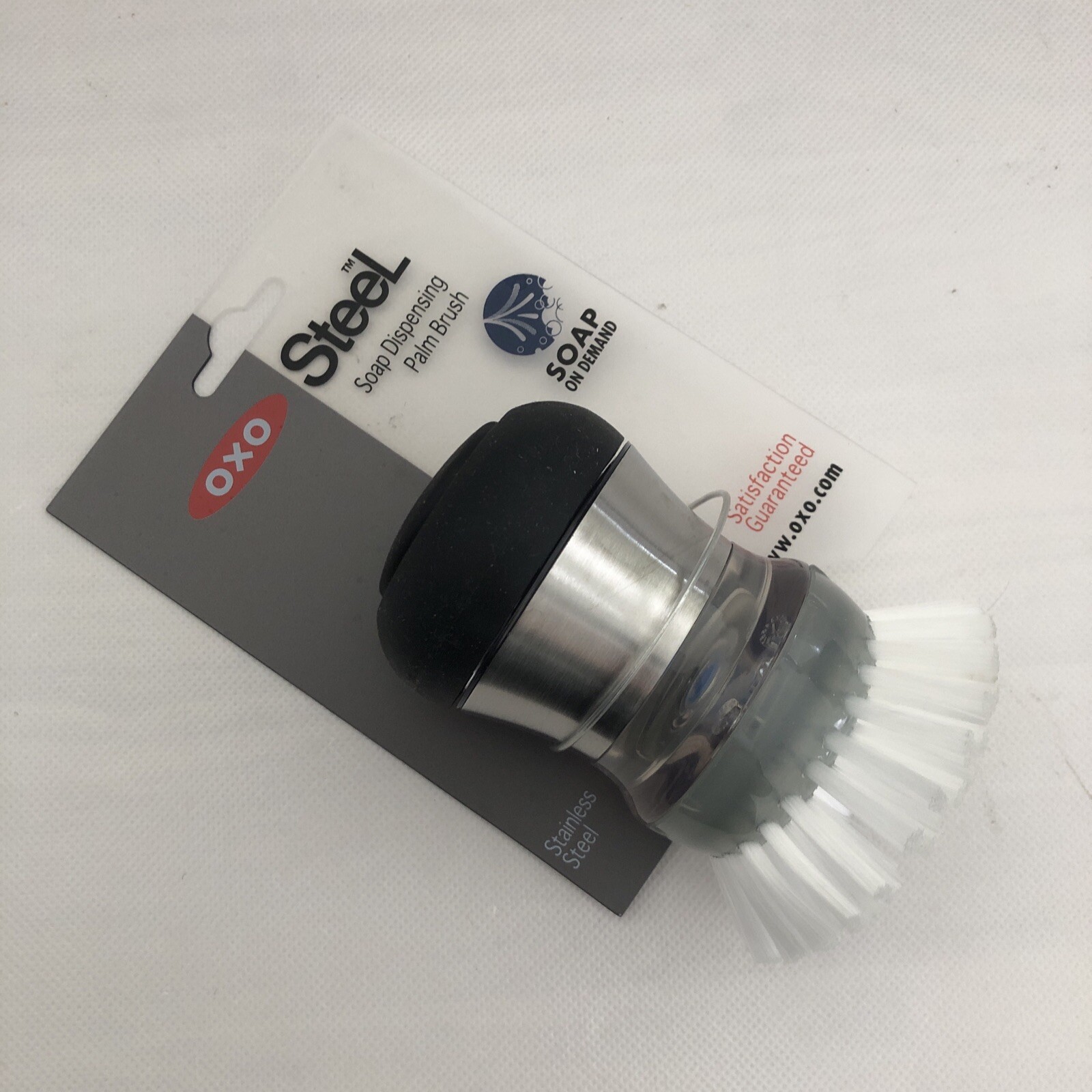 New OXO Steel Soap Dispensing Dish Palm Brush Refillable