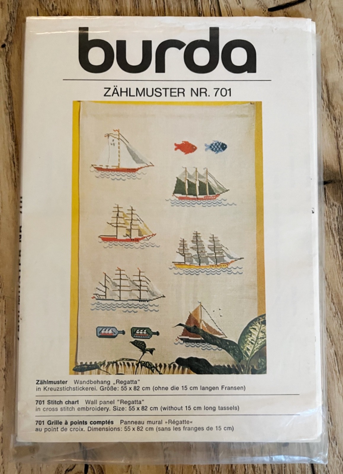 Vintage Burda Cross Stitch Wall Hanging Chart Regatta sailboats, ships, nautical