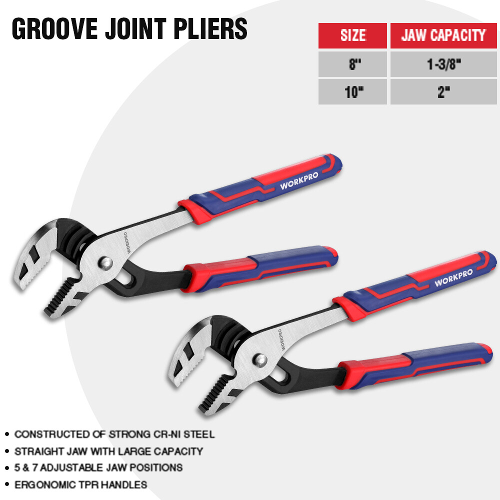 WORKPRO 2 Pieces Groove Joint Plier 10" & 8"  Set Adjustable Water Pump Pliers