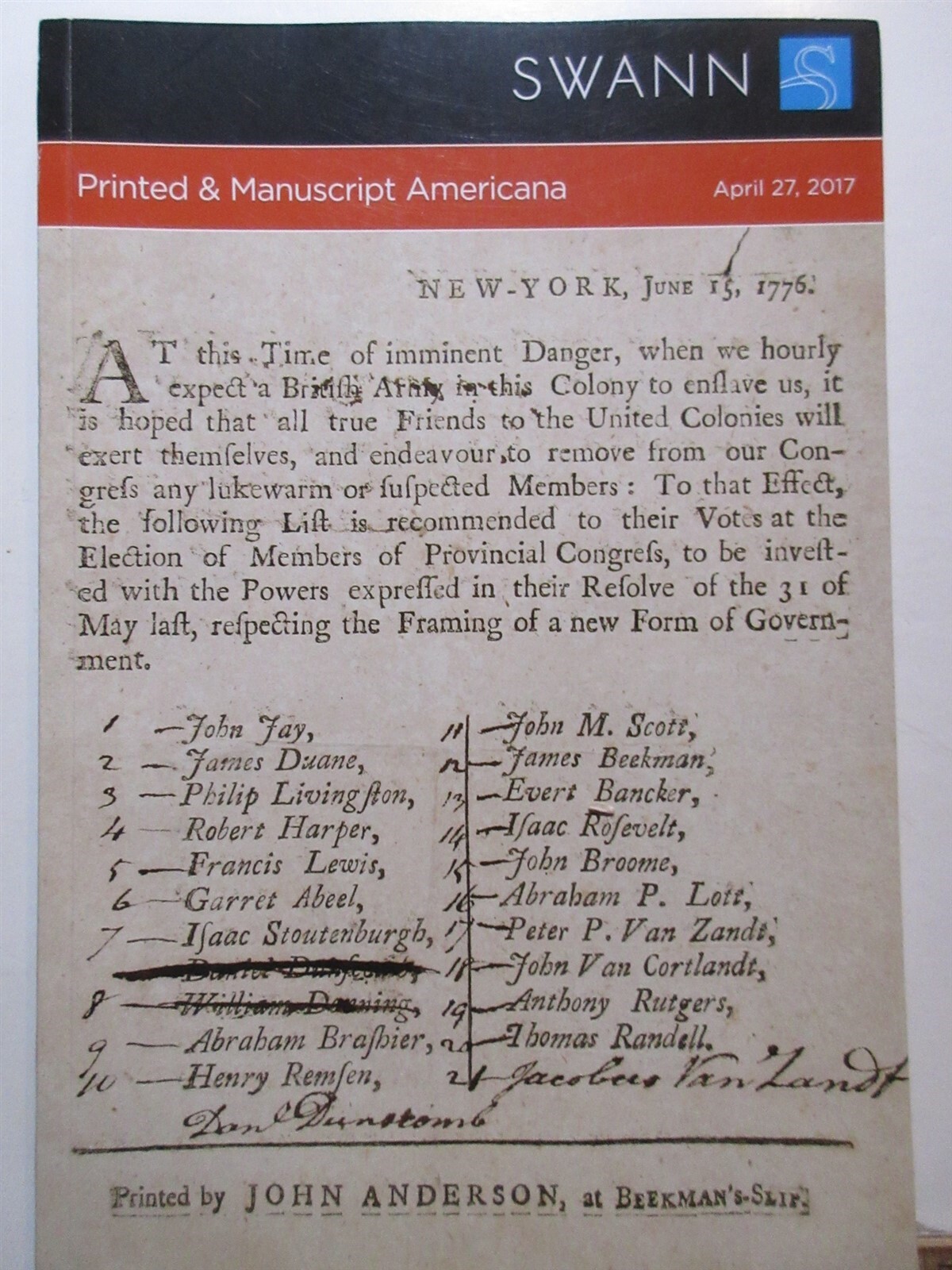 SWANN AUCTION CATALOG Printed & Manuscript Americana April 27, 2017