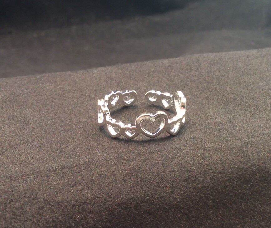 Pretty Sterling silver Adjustable Alternating Open Heart Toe 6mm Band Ring