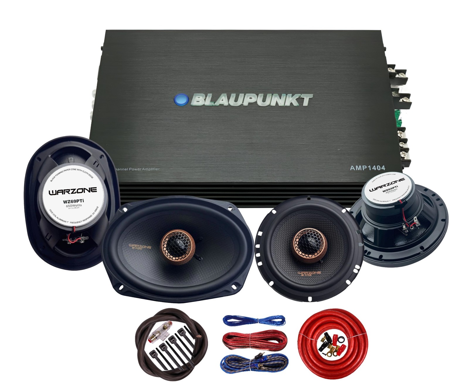 Blaupunkt AMP1404 4Channel 1500W Amp + Warzone 6x9" & 6.5" Speakers + Wiring Kit