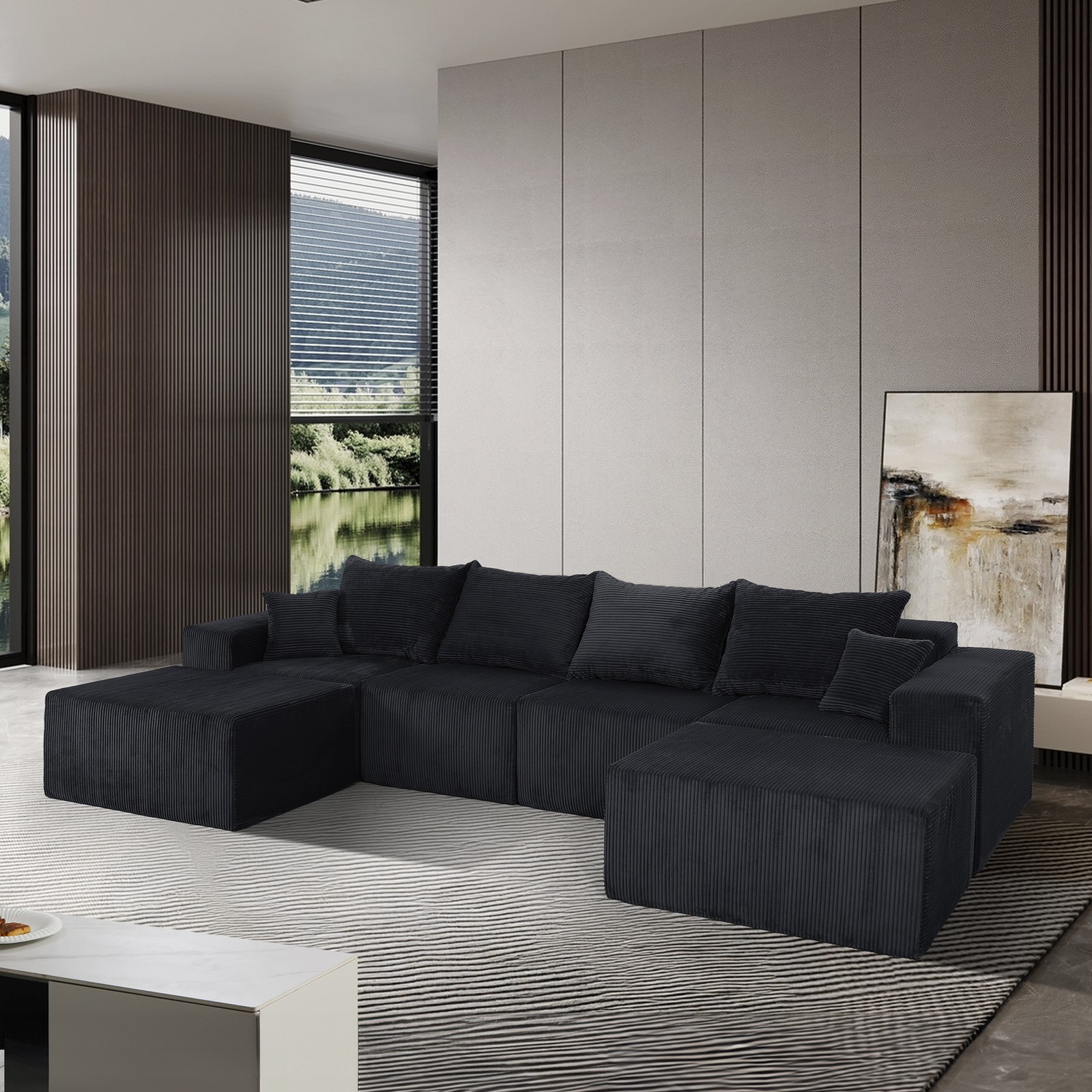 (Old SKU:W3163S00040)6-Piece Modular U-Shaped Sectional Sofa in Black, Convertib