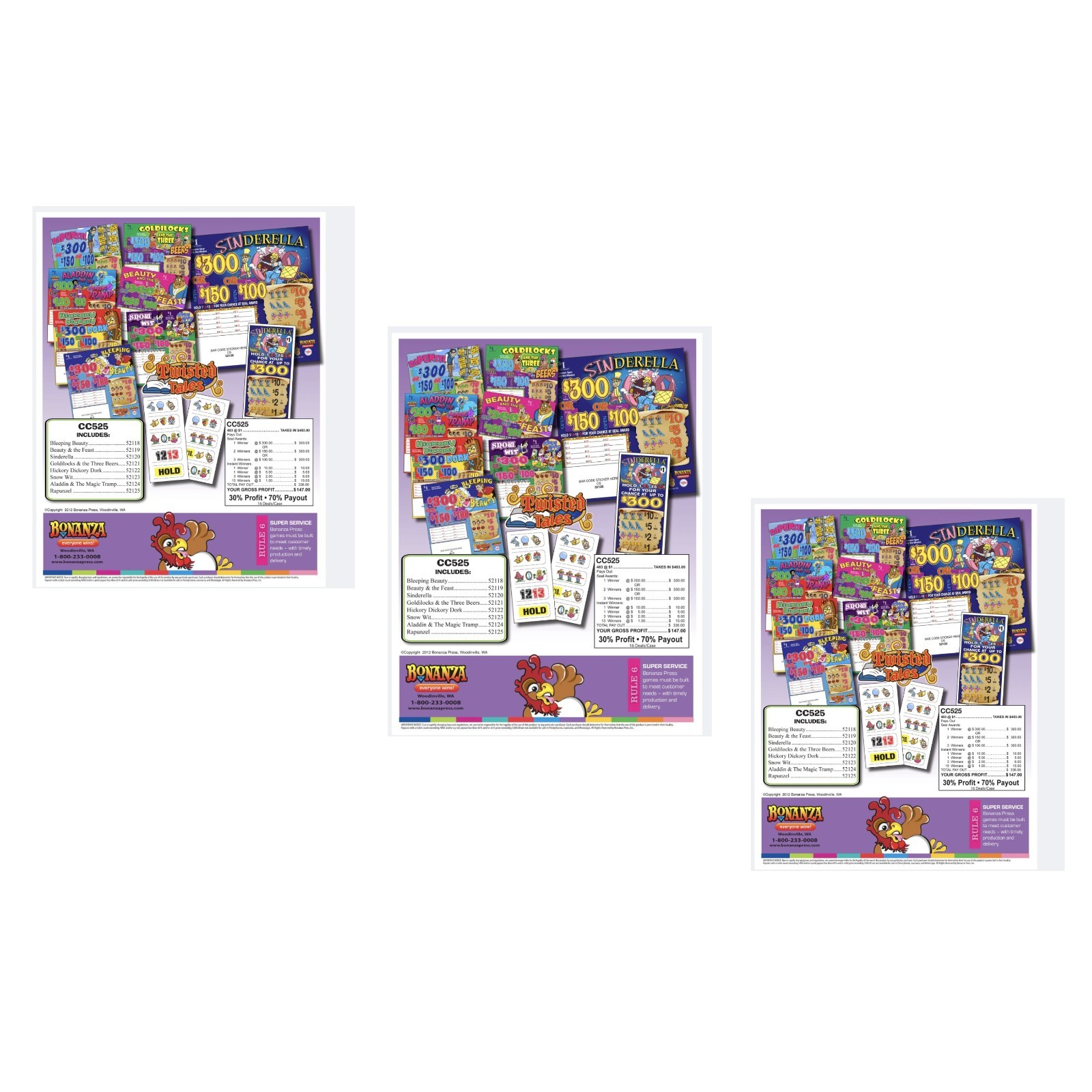 Pull Tab Ticket - Hard Card - Game - 3 Pack - Beauty and the Feast 483 ct