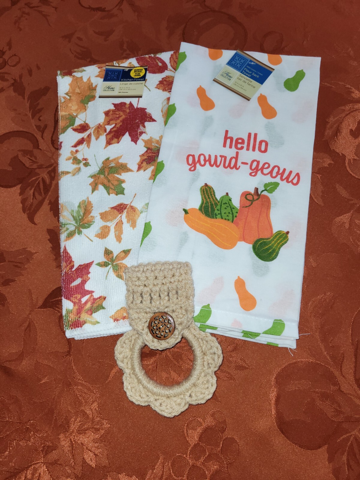 "Hello Gourd-geous" Flour Sack Dish Towel Set,  and a Handmade Crocheted...