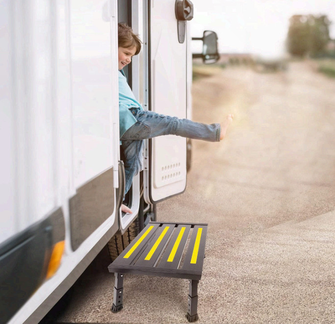 Foldable adjustable RV step, non-slip, supports 1000 lb, portable