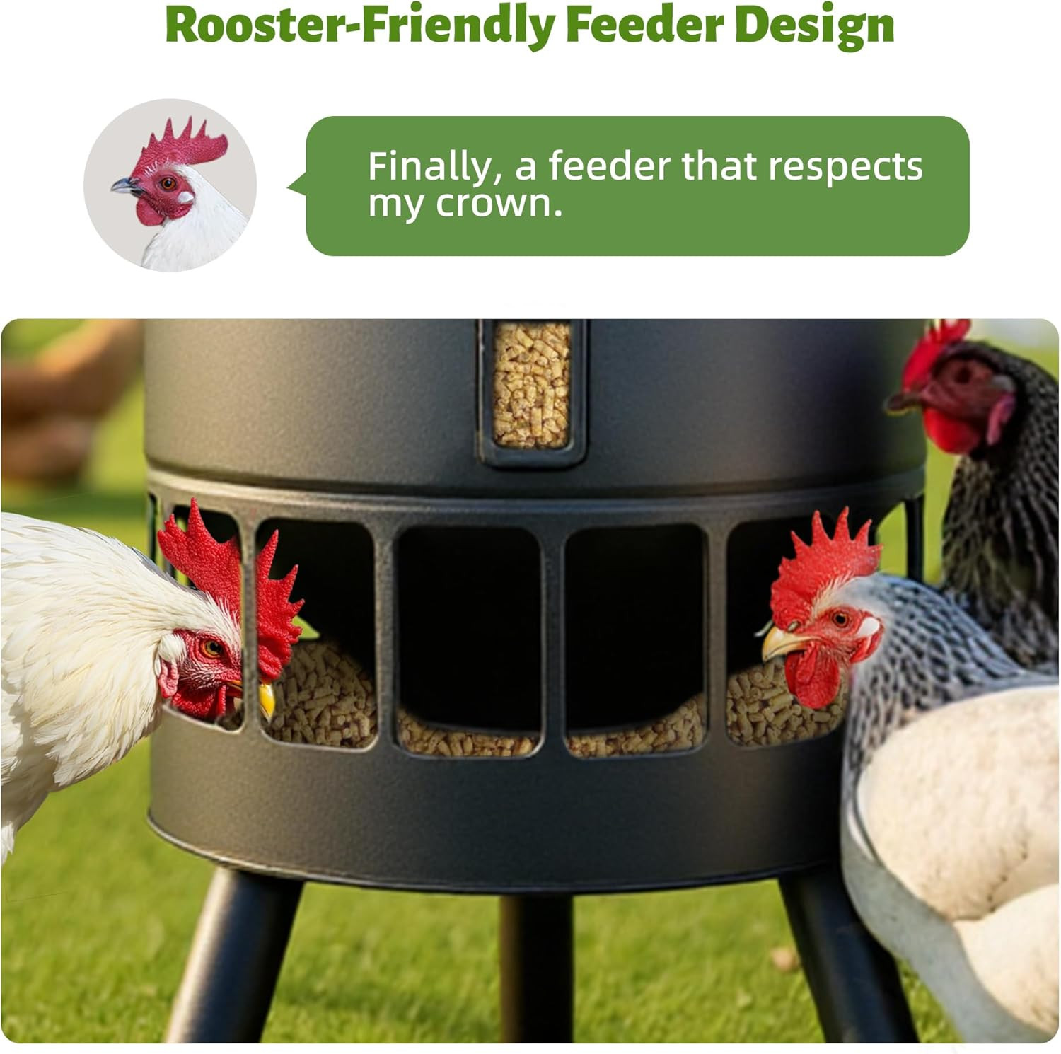 50LB Metal Chicken Feeder - No Waste, No Clog Design with 16 Ports & Smooth Grav