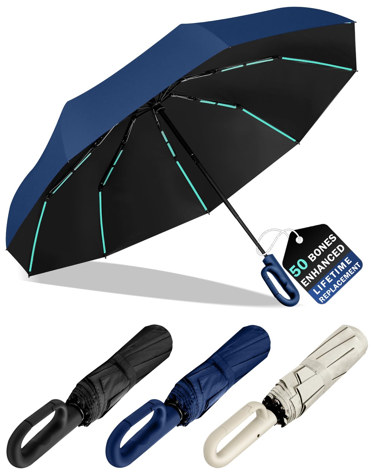 KLYOZO 10-Shaft & 50-Rib Reinforced Windproof Umbrella, 40 inches, blue