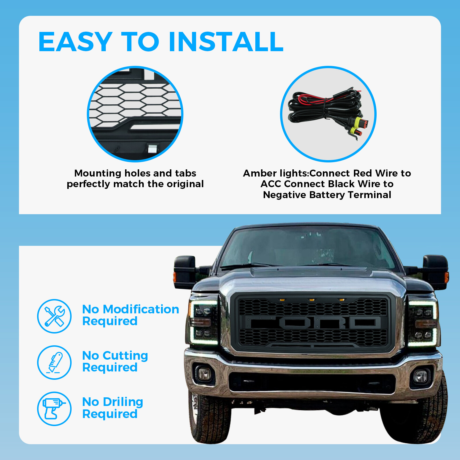 Front Grill for 2012-2016 FORD F250 W/Lights Black