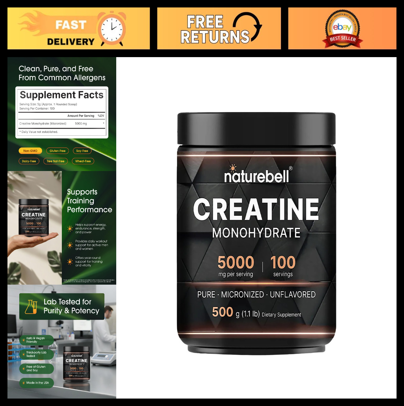 Micronized Creatine Monohydrate Powder 500g - 5000mg Unflavored - Vegan, Keto, E