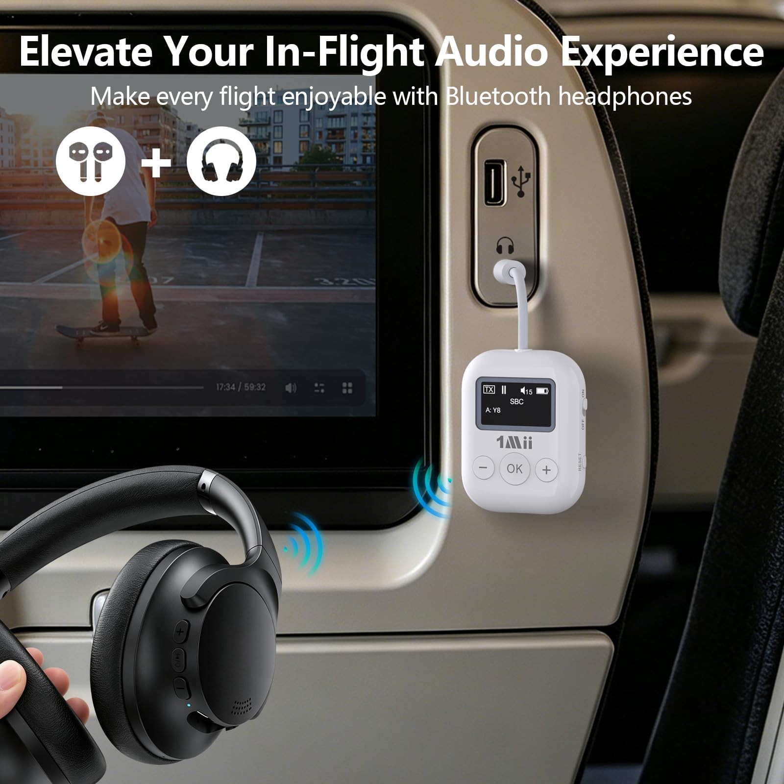 SafeFly Min Airplane Bluetooth Adapter for 2 Headphones, aptX Adaptive & HD H...