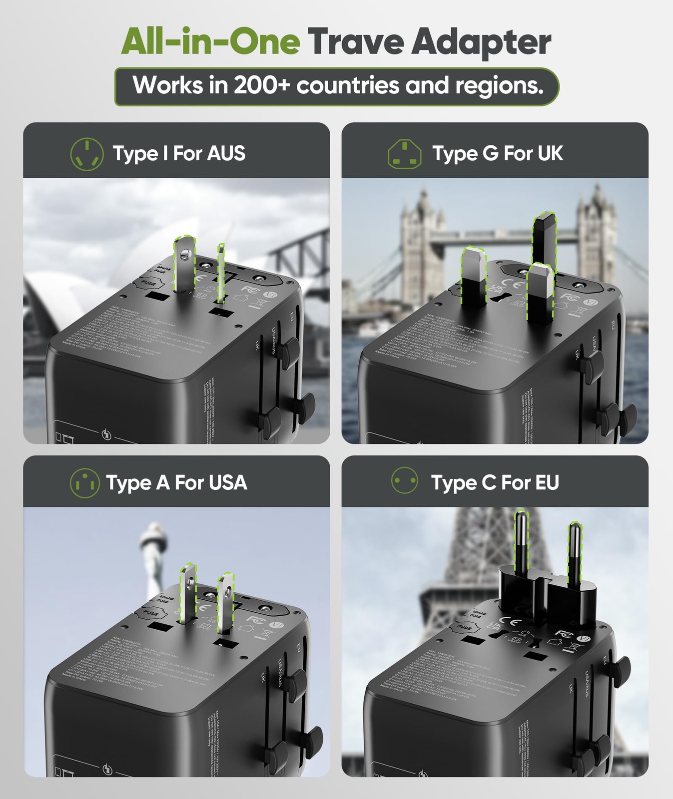 70W GaN Universal Travel Adapter with Retractable USB-Cable, Fast Wall Charge...