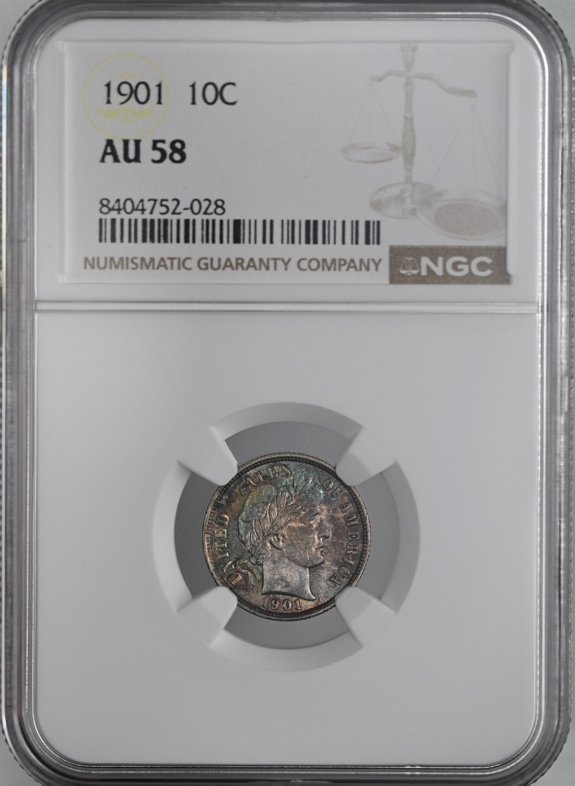 1901-P  10C BARBER SILVER DIME "PHILADELPHIA" NGC AU58 #8404752-028 TONED/TONING
