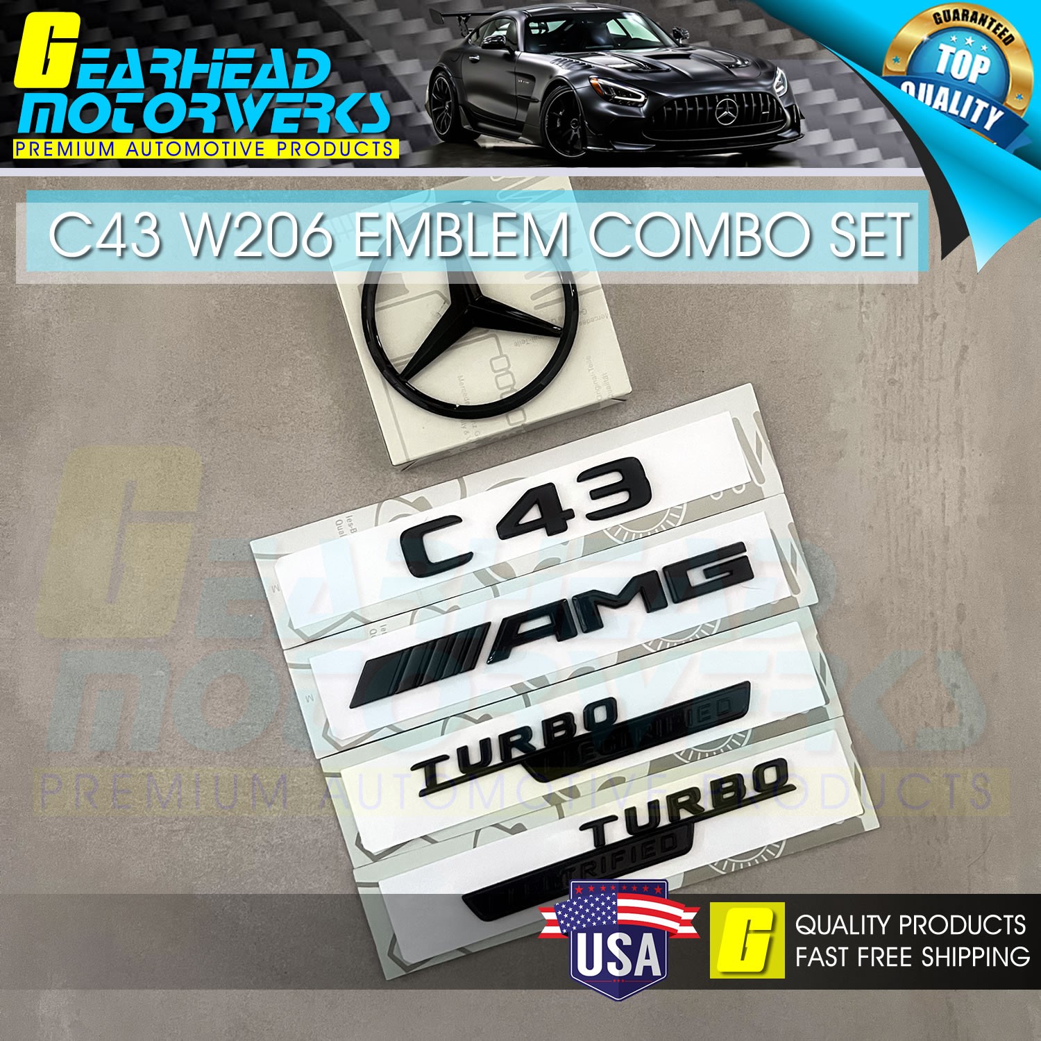 AMG C43 Sedan TURBO ELECTRIFIED W206 Star Trunk Emblem Black Set For Mercedes