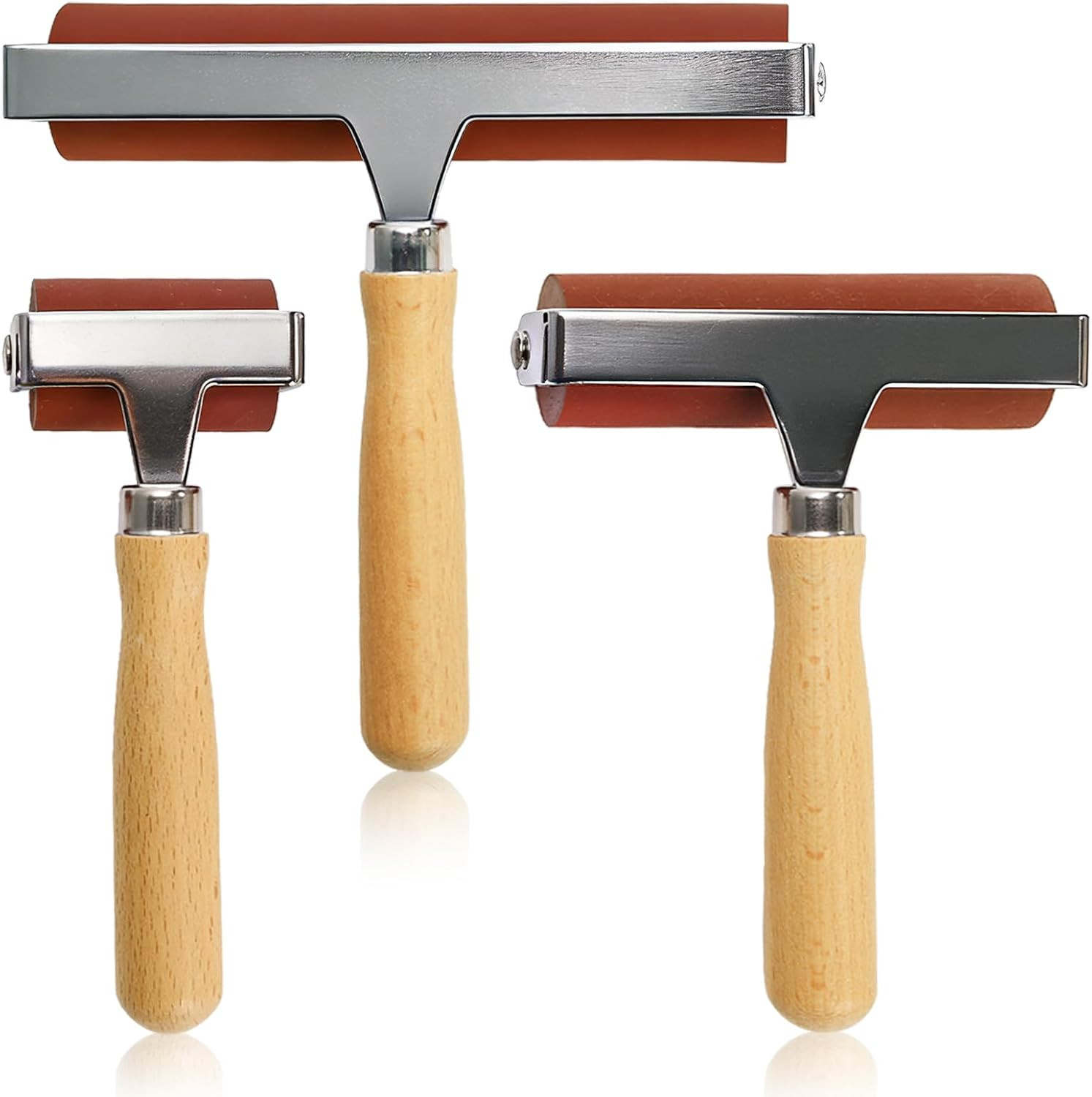 3 Sizes Rubber Brayer Roller, 6,4,2 Inch Soft Printmaking Brayer Tool with Wood