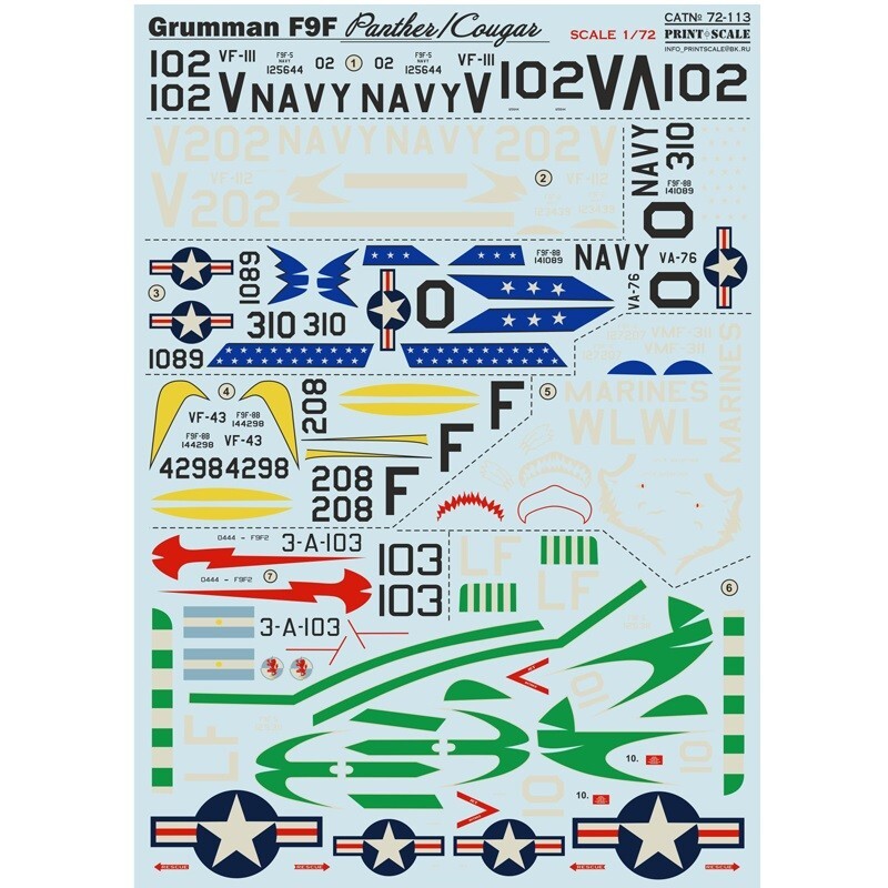 Print Scale 72-113 Decal for airplane 1:72 Grumman F9F Panther Waterslide decals