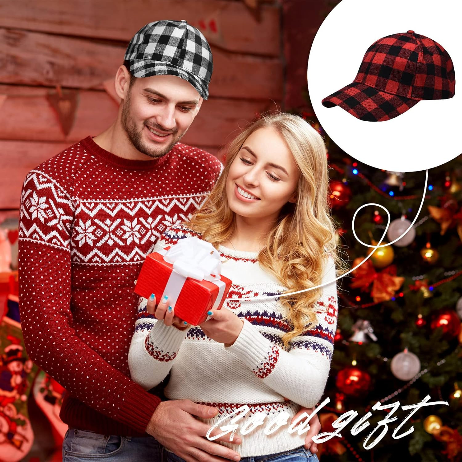 2 Pack Buffalo Plaid Baseball Caps Snapback Adjustable Red Black Unisex Xmas Hat