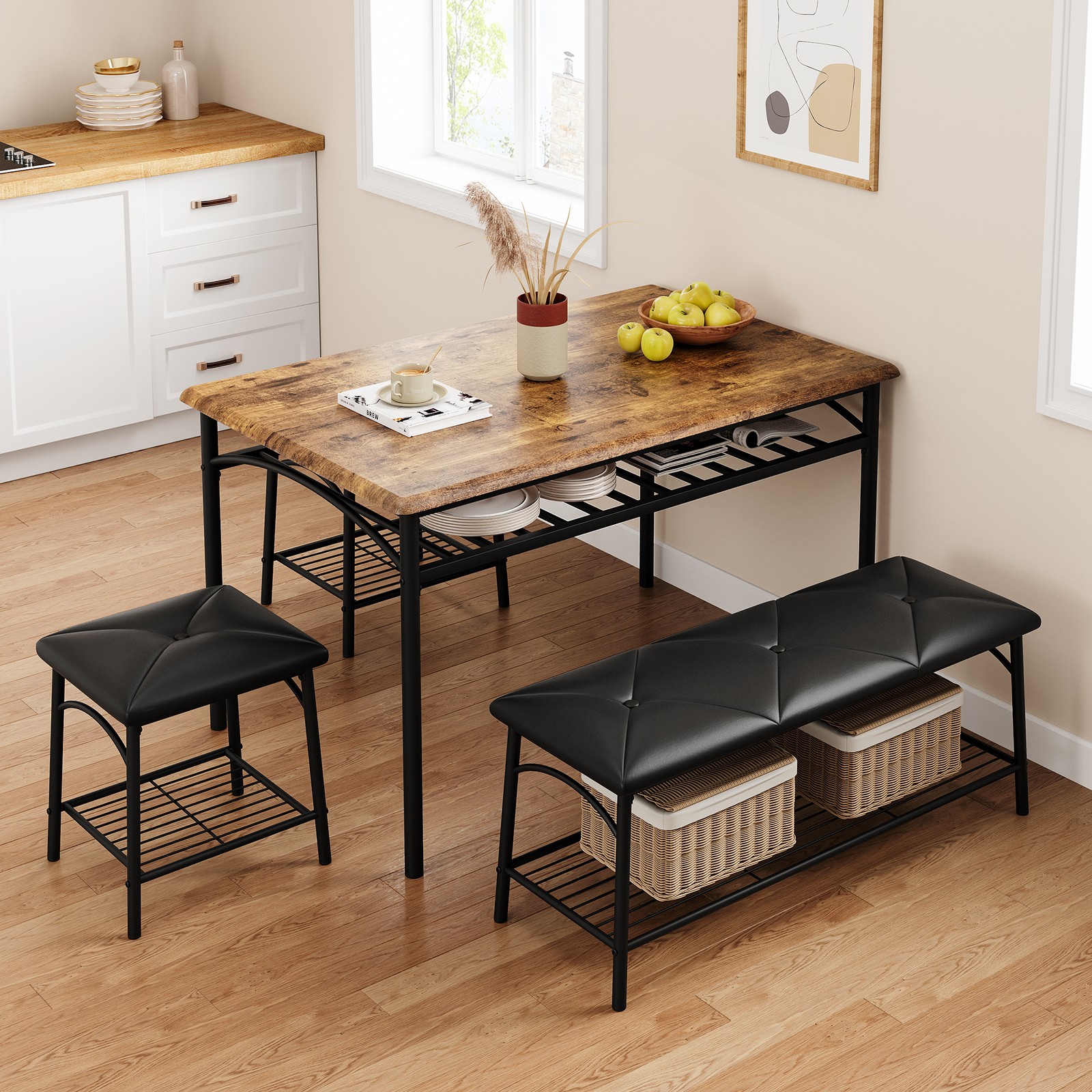 Kitchen Dining Table Set Dining Wood Table with Bench ＆ 2 stool for Home