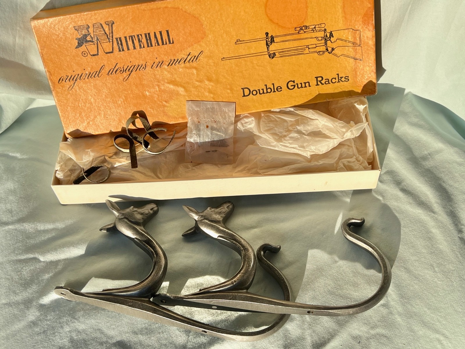 1950'S-60'S WHITEHALL DOUBLE GUN METAL WALL MOUNT RACKS WITH DEER HEADS