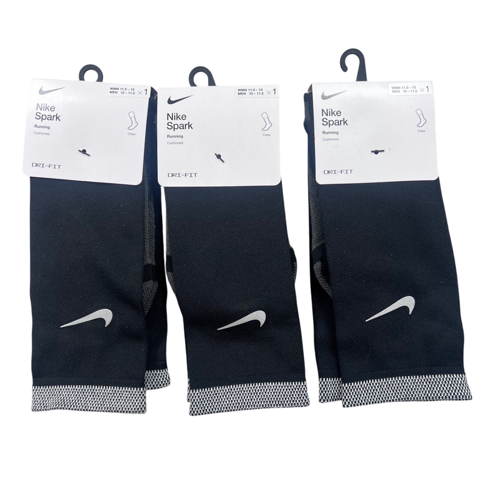 3 pair Nike Spark Running Crew Socks Black Dri-FIT Cushioned M 10-11.5 W 11.5-13