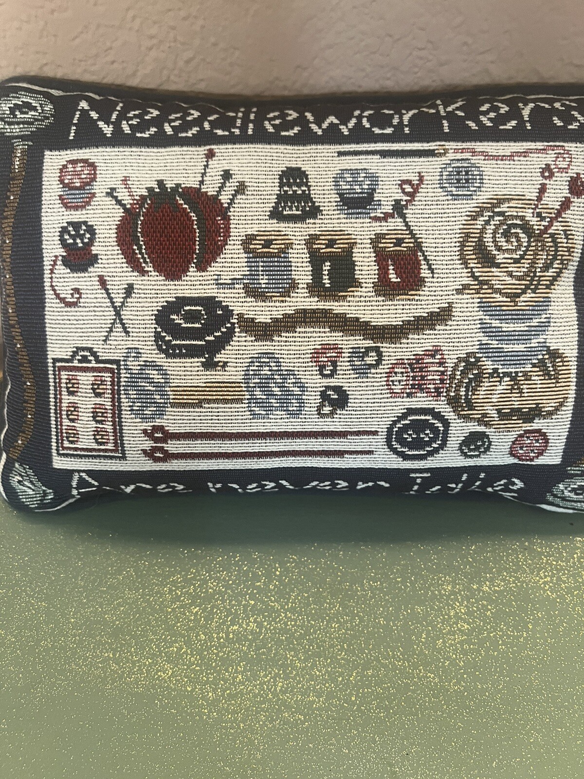 Sewing Themed Tapestry Throw Pillow “Needleworkers Are Never Idle”  (12” x 7.5”)