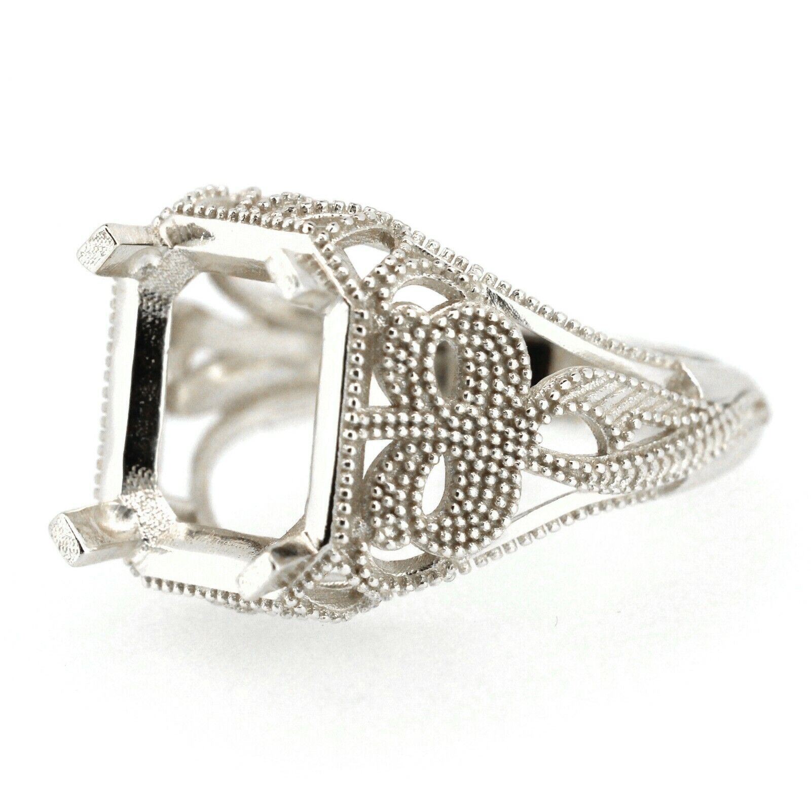 Sterling Silver Semi Mount Ring Setting Emerald Cut Oct 10x8mm Art Deco