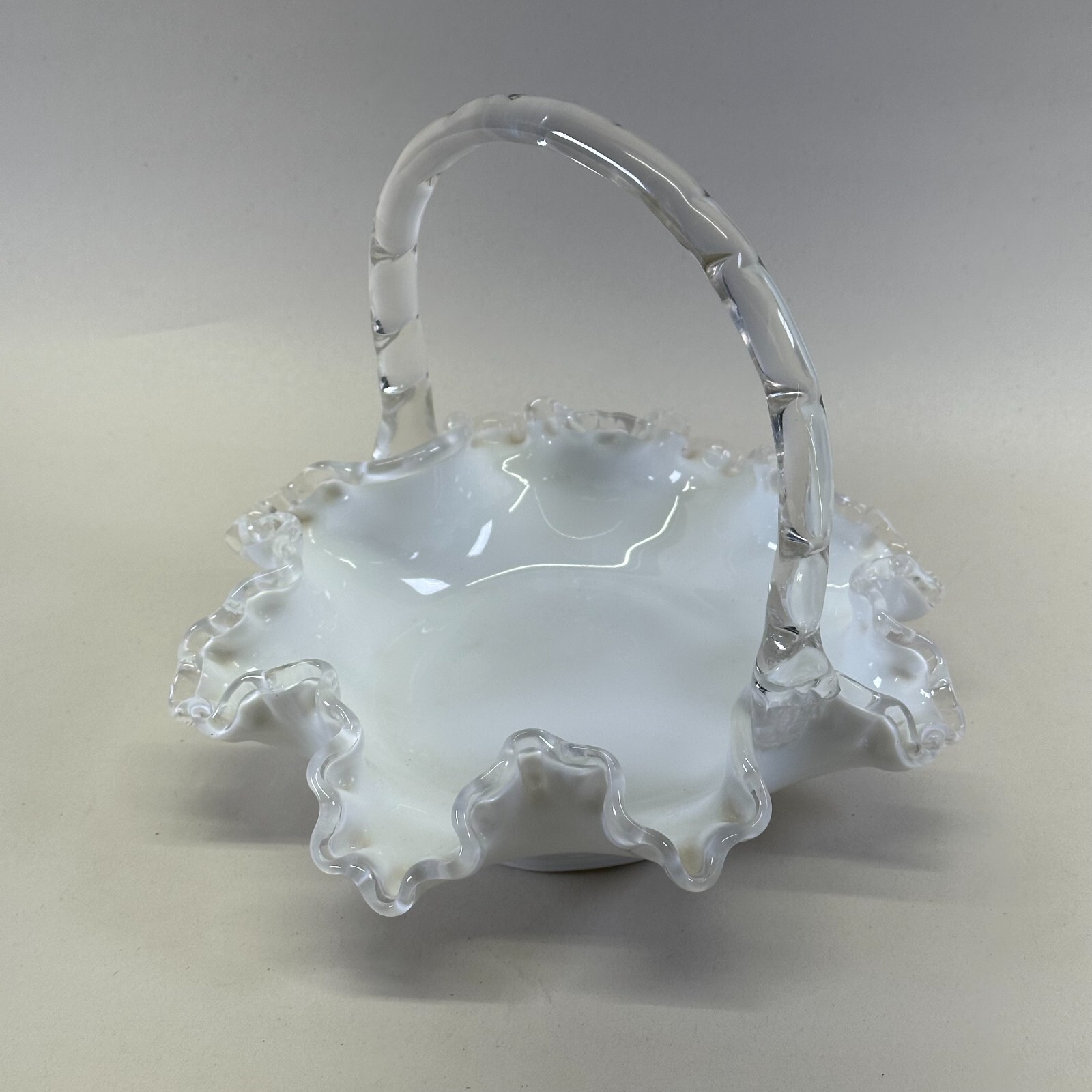 Fenton Silver Crest Basket Ruffled Rim Applied Handles 7.75" Vintage