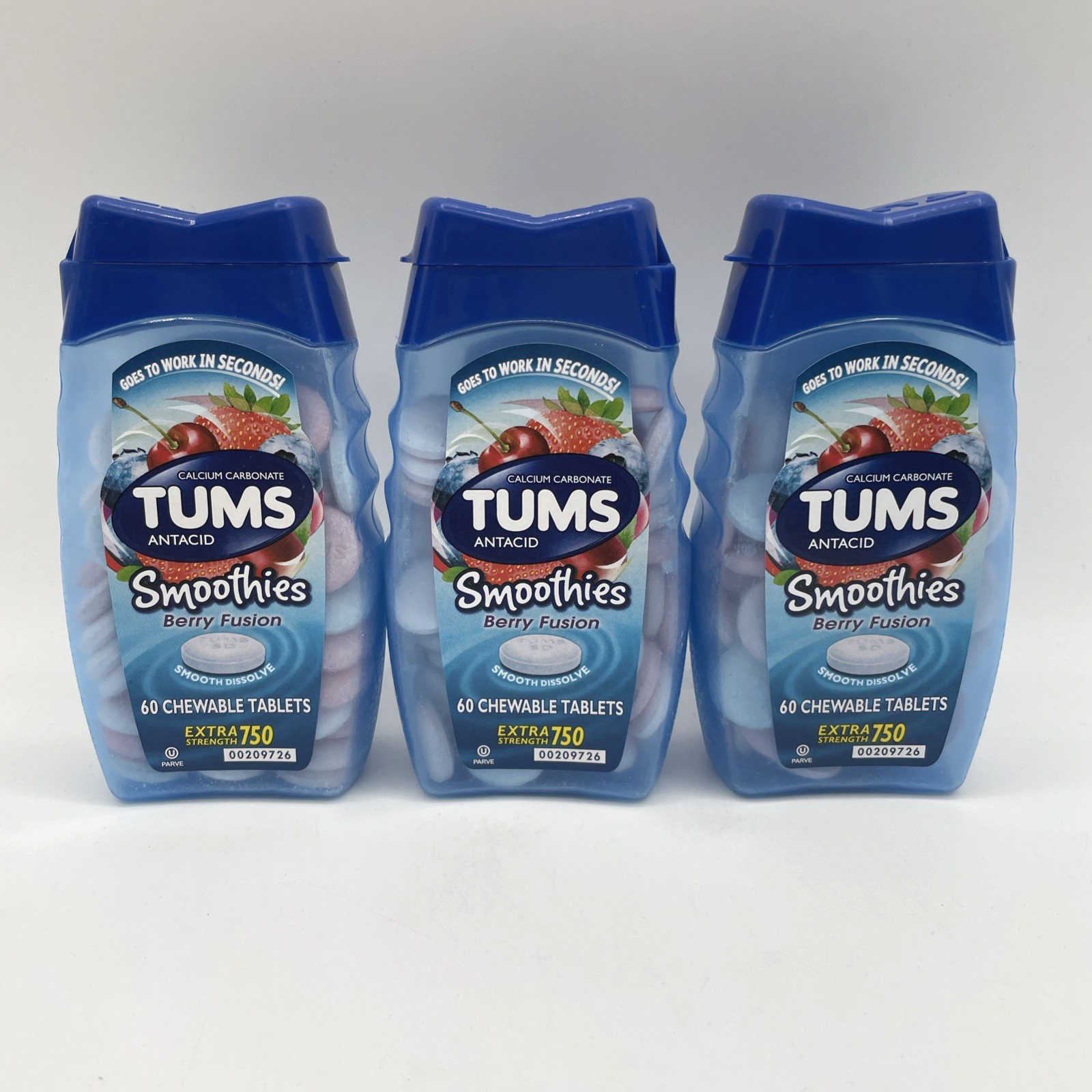 Tums Smoothies Strength Heartburn Relief Tablets Berry Fusion 60 Ct 3PK Exp01/28