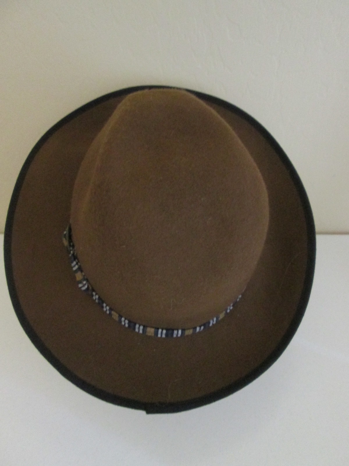 Free People Hat Boho Wide Brim Brown 100% Wool Hat with Striped Band Free Ship