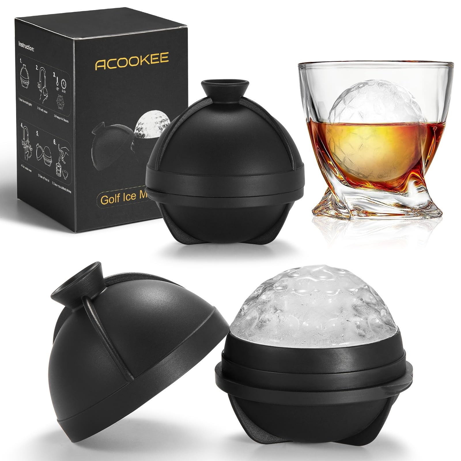 ACOOKEE Novelty Golf Ball Ice Maker Mold Set of 2, Large 2 pack, Black