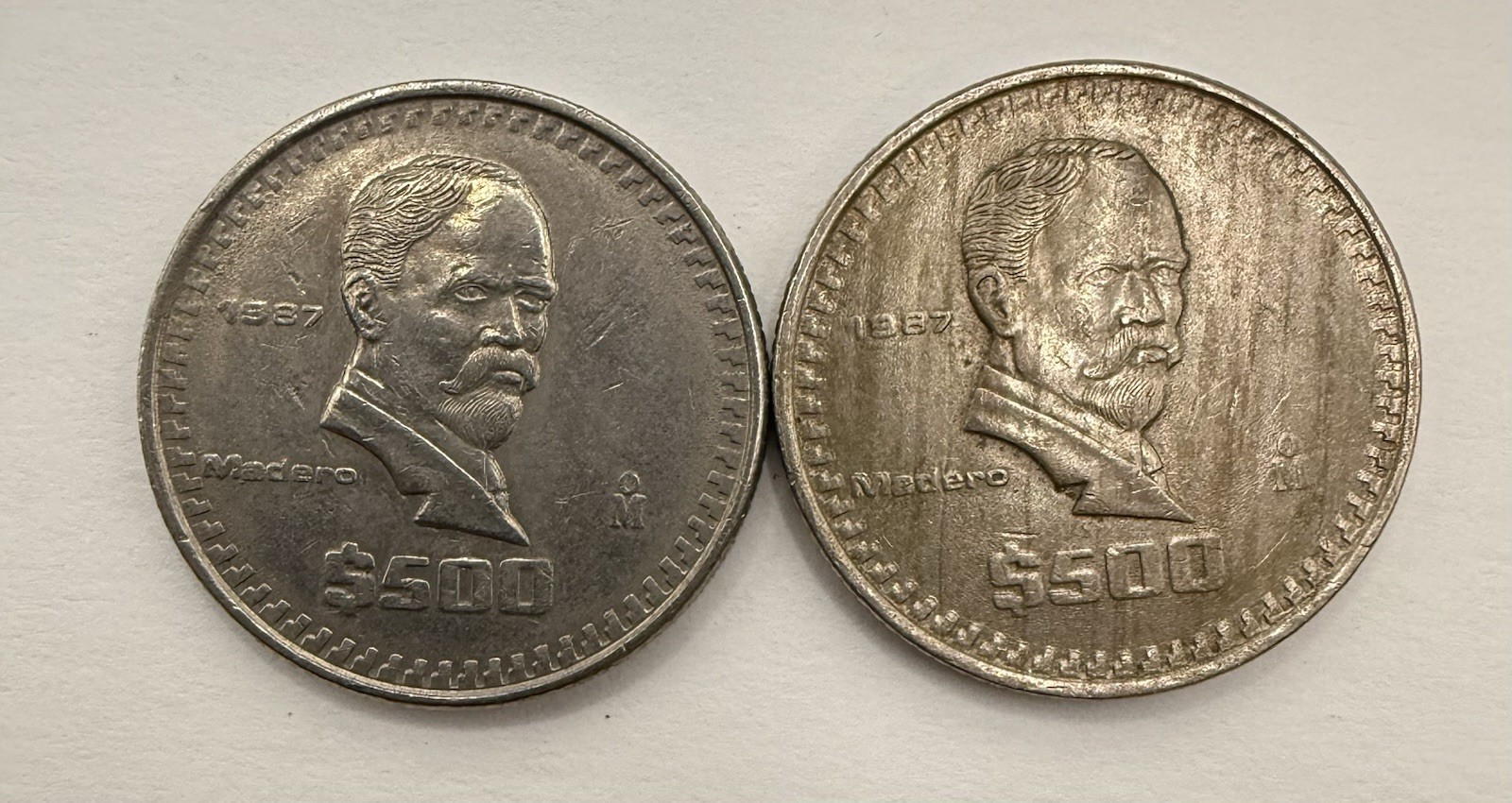 Lot Of 2 - 1987 Mexico 500 Pesos Beautiful Actual Coin - Error Alloy Mix