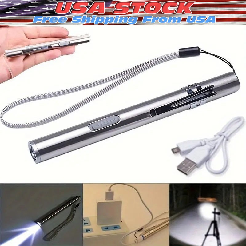 LED USB RECHARGEABLE MINI FLASHLIGHT Stainless Steel Pen Light 1000 Lumens