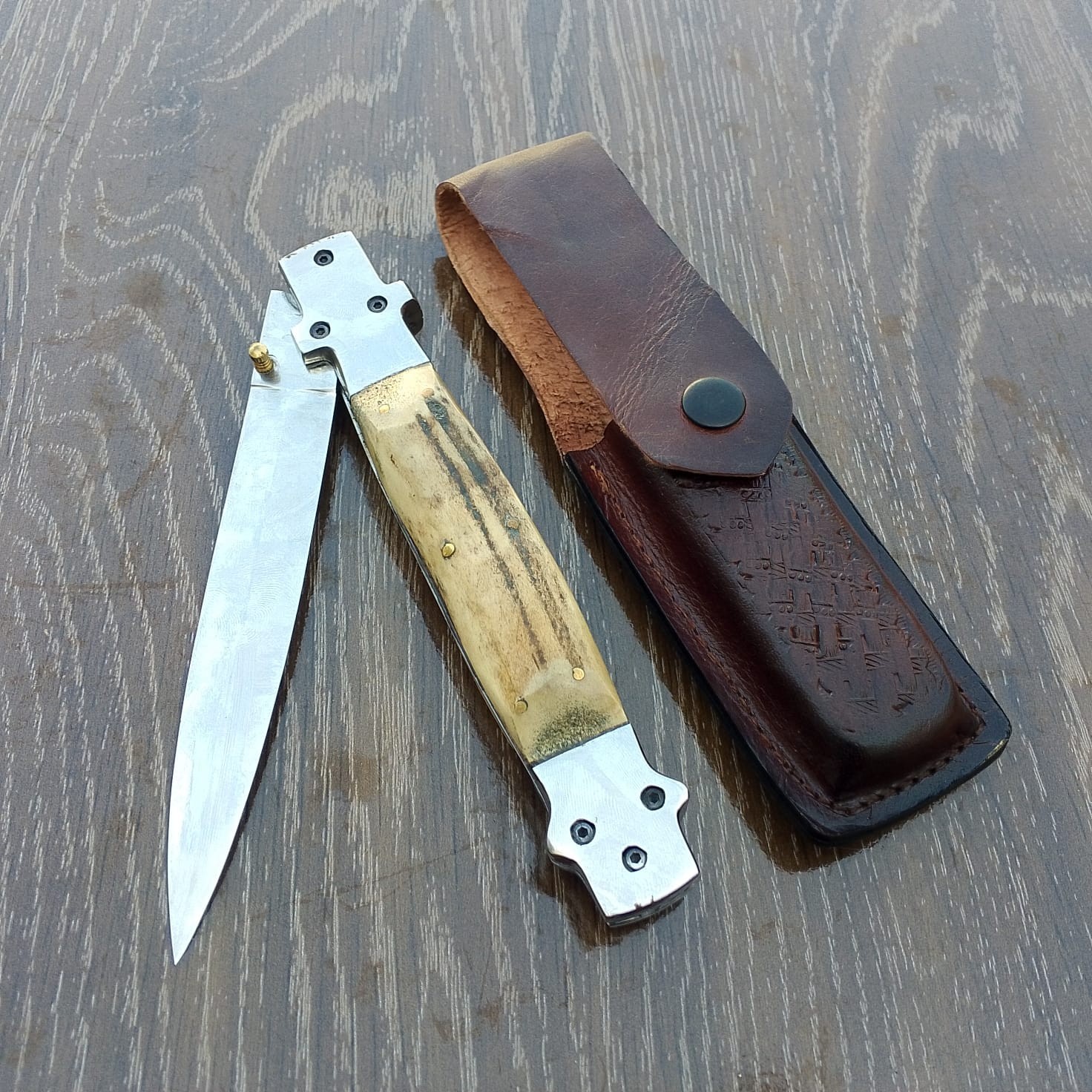 Custom Hand made 13.5'' Liner Lock Stag Antler Folding Bowie knife With Sheath /