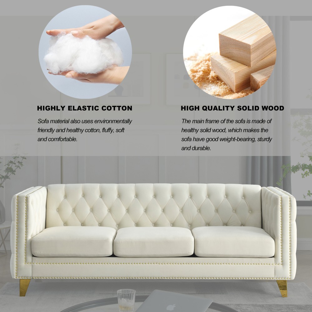 Velvet Sofa 3-Seater Tufted Chesterfield w/ Metal Legs Beige