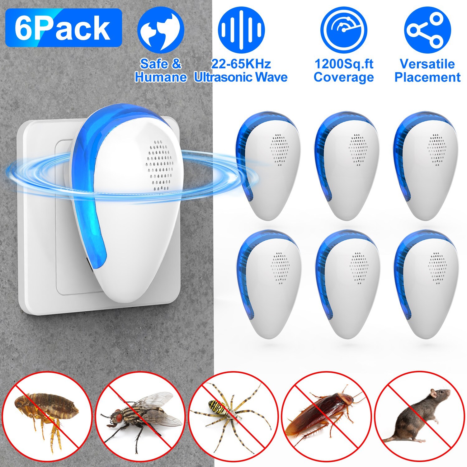 6PCS Ultrasonic Pest Insect Electronic Plug-In Rat Cockroach Bug