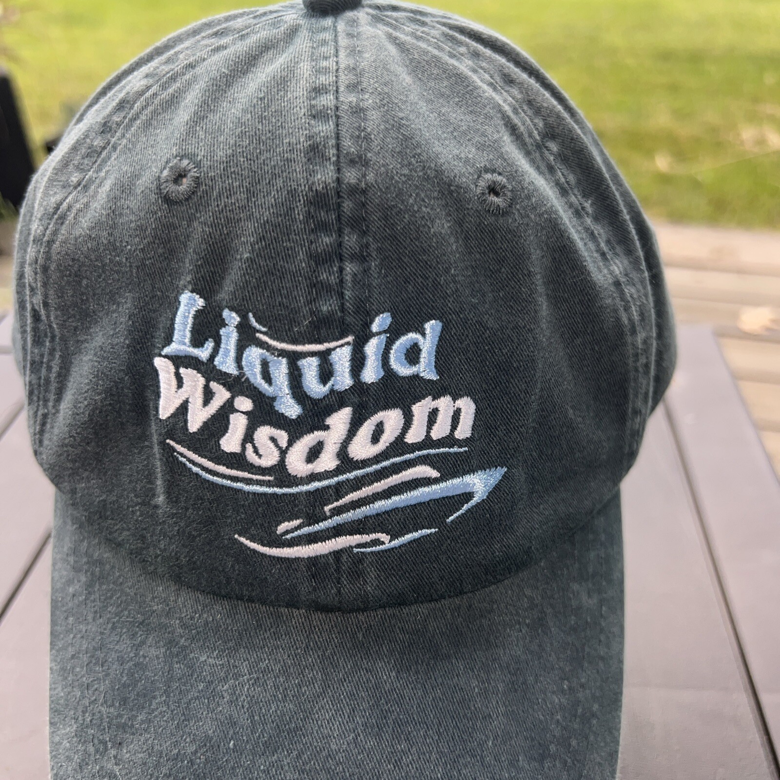 Liquid Wisdom Lite Blue White on Teal Hat Cap Leather Strap Buckle Mesh Lining