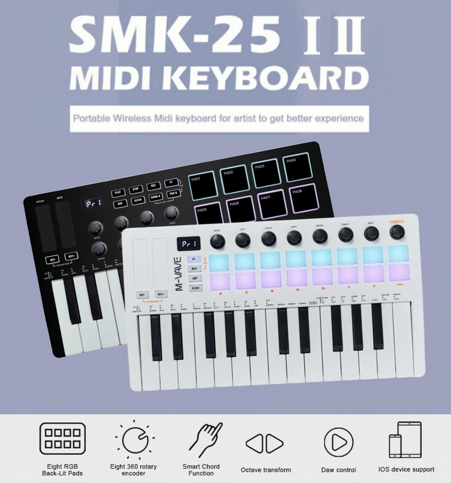 SMK-25 II MIDI Pad Controller Keyboard USB Mini 25 Key,16 RGB Drum Pads,8 Knobs