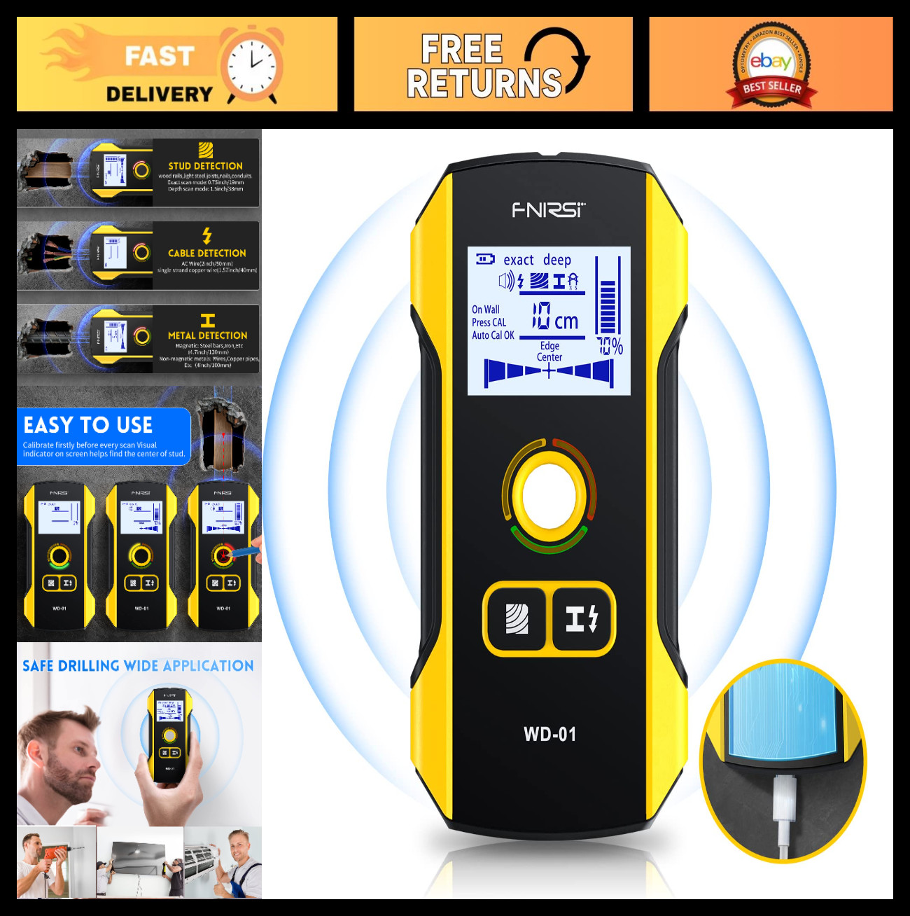 6-in-1 Wall Scanner Stud Finder - Electronic Detector for Wood, Metal, AC Wire,