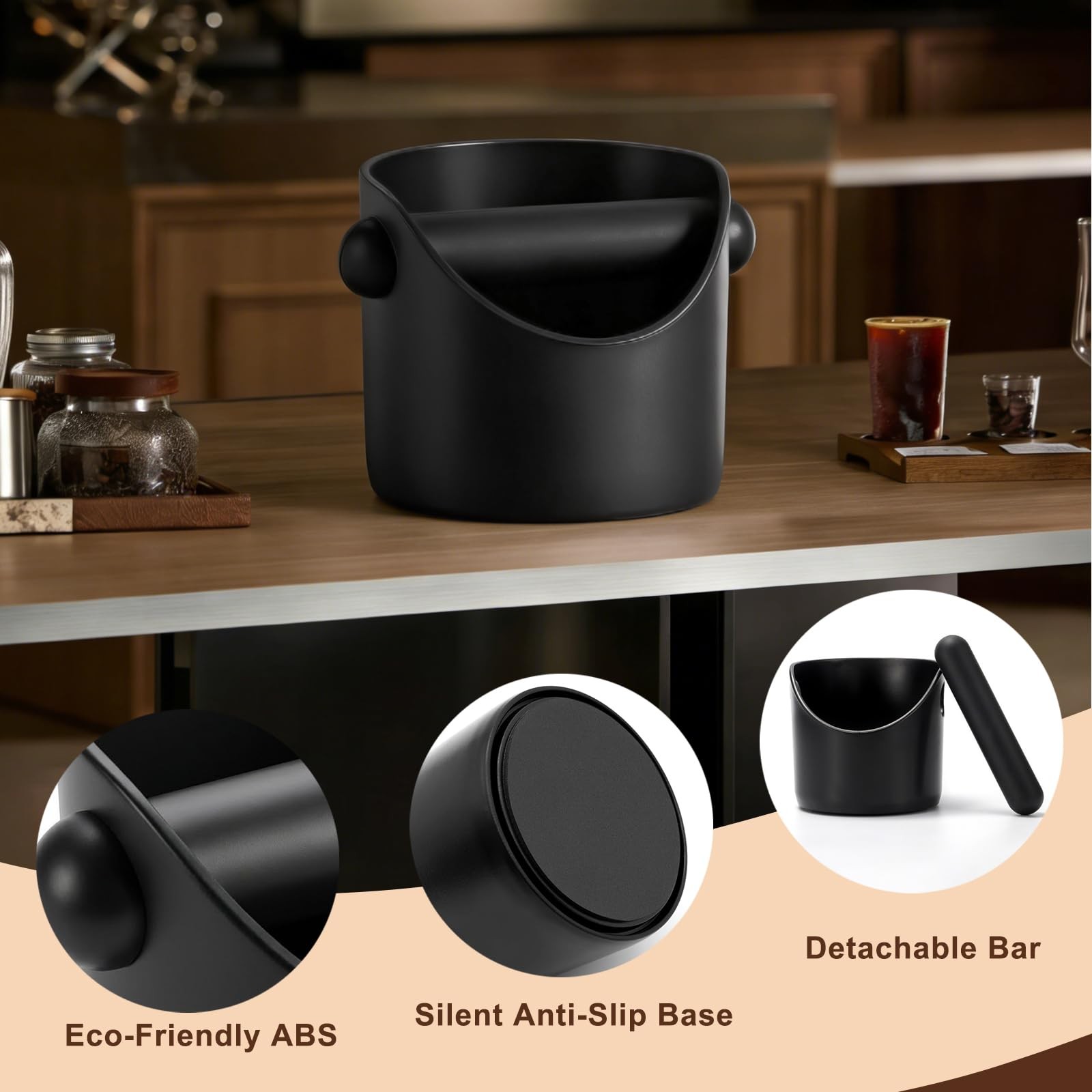 Black 4.3 Inch Small Espresso Knock Box Coffee Grounds Bin Removable Bar