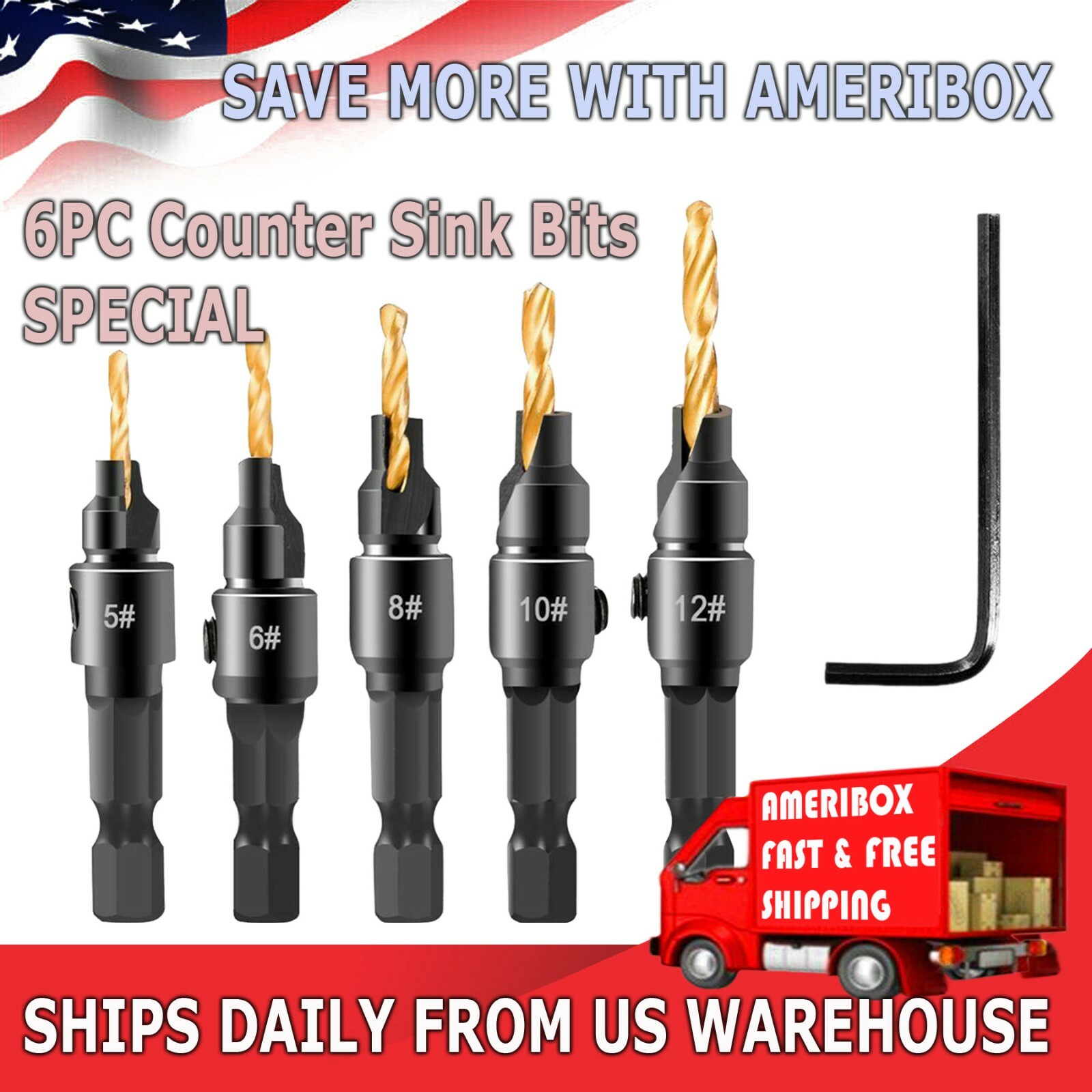 5Pcs Countersink Drill Bit Set 1/4'' Hex Shank HSS Woodworking Pilot Screw Holes