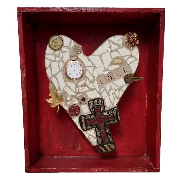 Red and Tan Heart assemblage with cross - mosaic sculpture